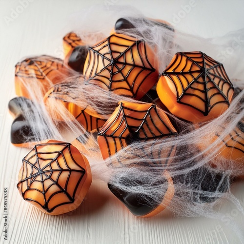 Halloween trick or treat candy, chocolates with an orange background