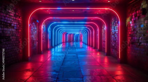A time-lapse of a tunnel with red neon lights. It shows the tunnel both empty and with people inside.