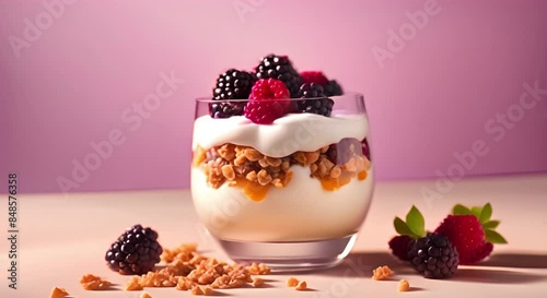 A bowl of yoghurt topped with granola and blackberries.