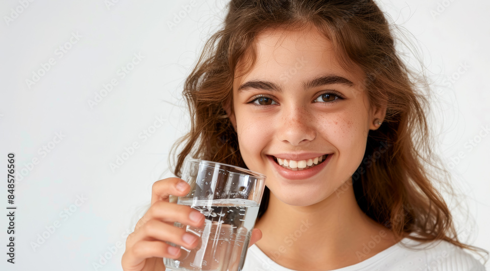 A girl is smiling and holding a glass of water