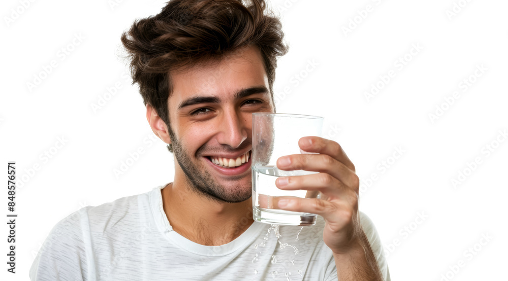 A man is smiling and holding a glass of water A man is smiling and holding a glass of water