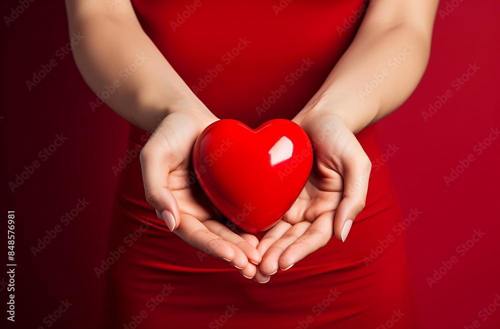 hand holding heart in red color, generative ai hand holding heart in red color, generative ai