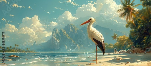 White stork standing on the shore with palm trees in the background photo