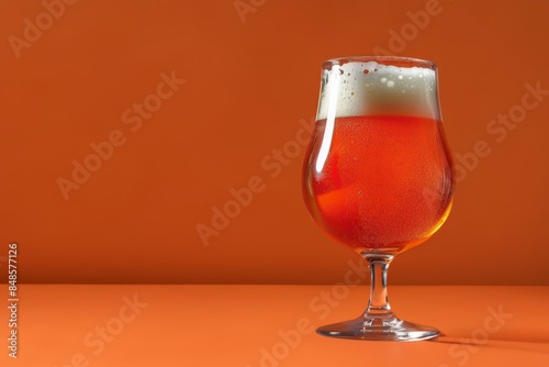 A glass of red beer with foam on an orange background