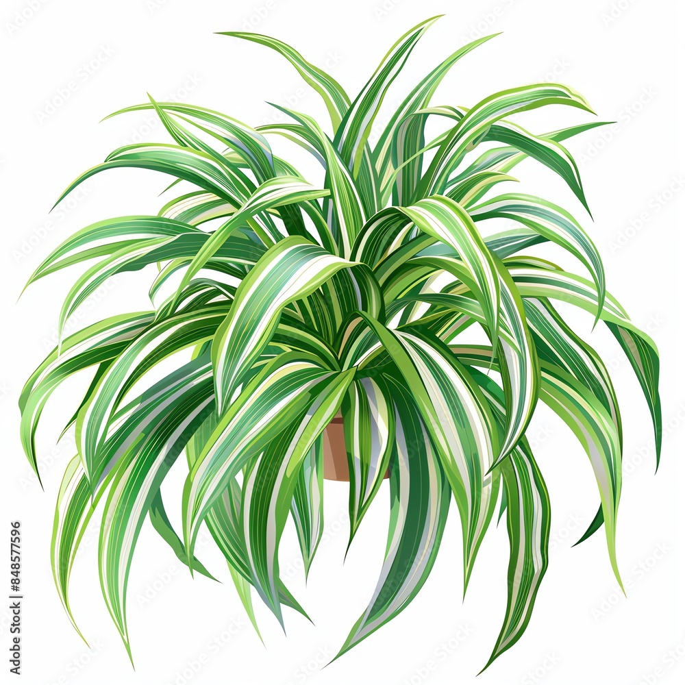 Obraz premium A spider plant clipart, house plant element, green and white, isolated on white background