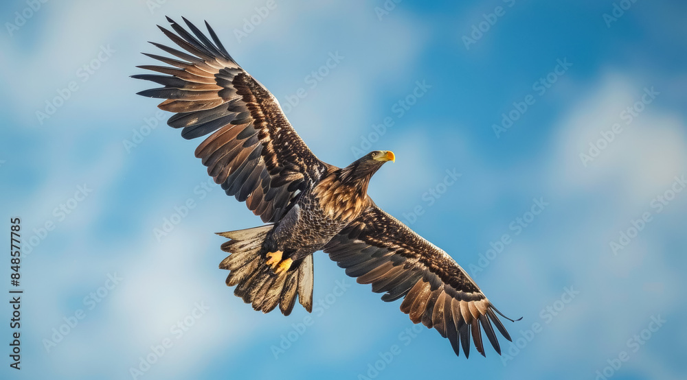 Obraz premium A large eagle is flying high in the sky