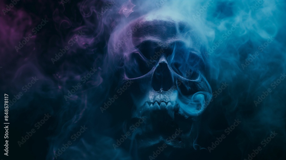 Skull emerging from swirling smoke on a dark background.