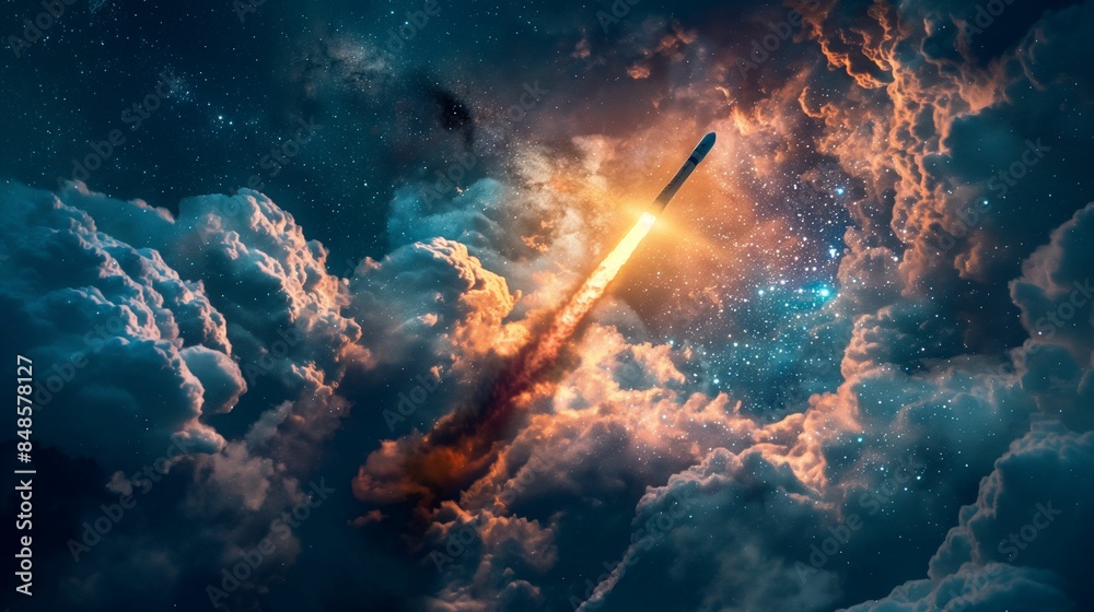Obraz premium Rocket launching into space through clouds and smoke against a starry sky.