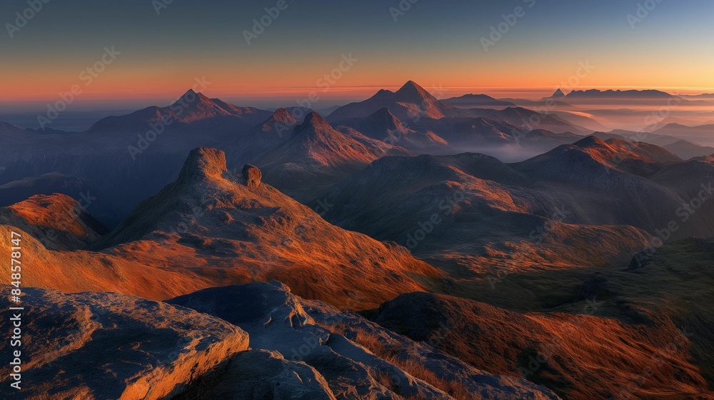 Layered mountain range landscape at sunset with orange and purple hues.