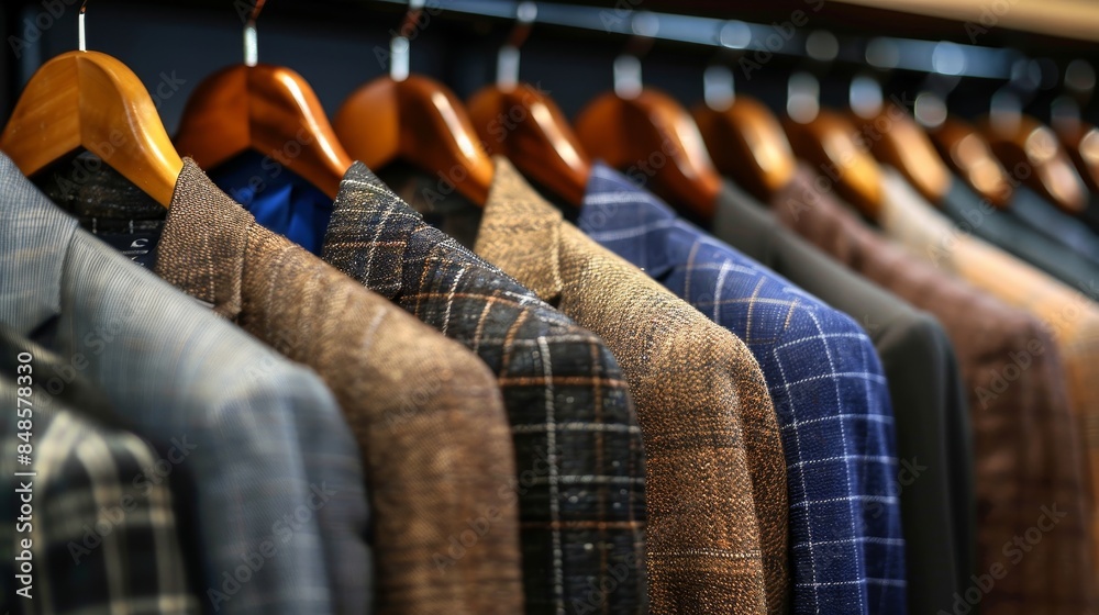 Obraz premium Variety of clothes on hangers displayed in a wardrobe closet for diverse wardrobe selection
