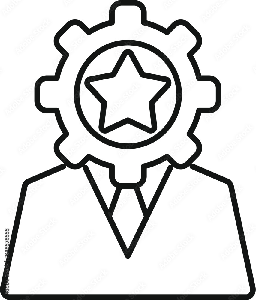 Line drawing of a businessman with a gear and star over his head, representing the concept of thinking about success Line drawing of a businessman with a gear and star over his head, representing the concept of thinking about success