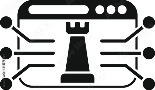 This simple icon represents cyber security strategy, showing a chess rook piece inside a web browser