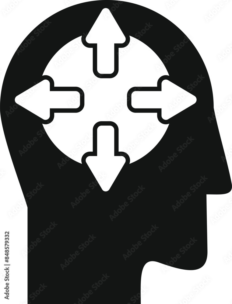 Silhouette of a man's head with four arrows pointing in different directions, symbolizing making a choice Silhouette of a man's head with four arrows pointing in different directions, symbolizing making a choice