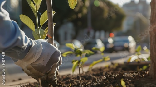 Fototapeta Naklejka Na Ścianę i Meble -  Close-up on gloved hands of a volunteer planting a street tree, urban setting, soft focus traffic. 