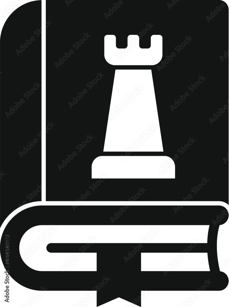 Black and white icon of a chess book, suggesting learning about strategy Black and white icon of a chess book, suggesting learning about strategy