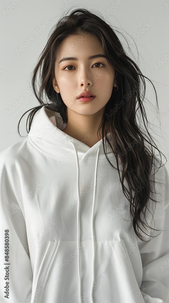 full body of The asian beautiful woman wearing a blank white shirt, stand still and looking forward to the camera