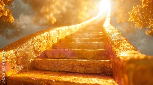 A golden stairway ascends into a bright, heavenly light against a backdrop of clouds