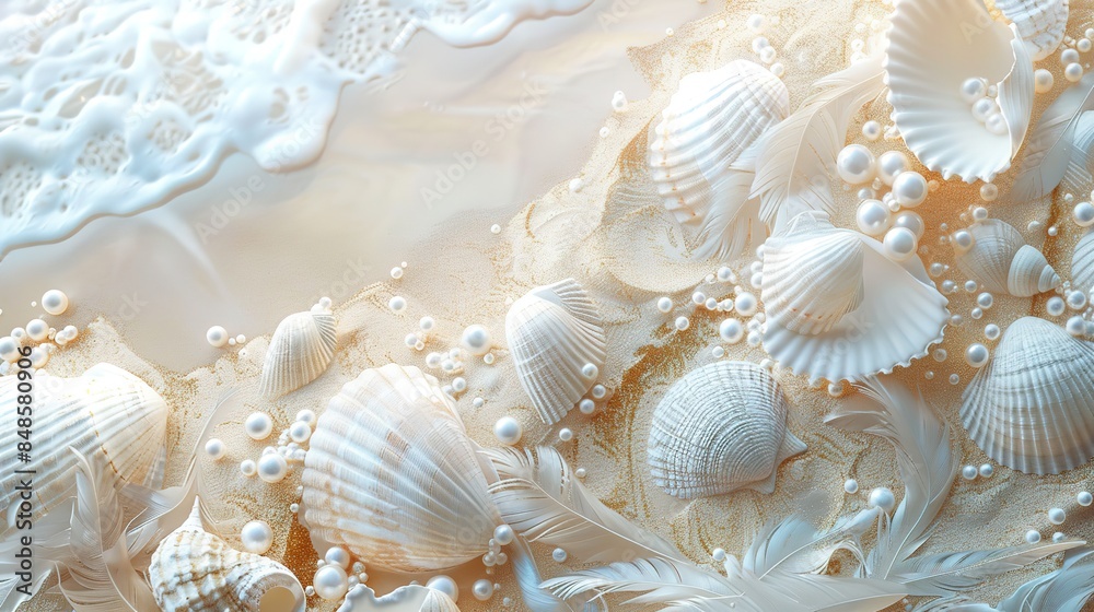 Beautiful illustration of white and gold shells and pearls, with feathers on a beach with soft sand under a light blue sky. The scene is illuminated by sunlight, featuring a white background and rende Beautiful illustration of white and gold shells and pearls, with feathers on a beach with soft sand under a light blue sky. The scene is illuminated by sunlight, featuring a white background and rende