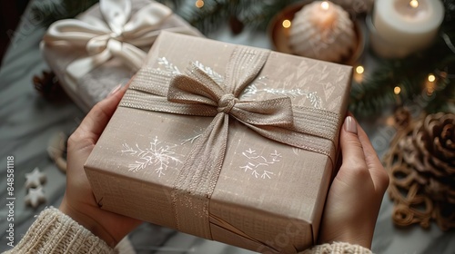 Closeup of hands unboxing a deluxe skincare collection, elegant wrapping, modern bathroom