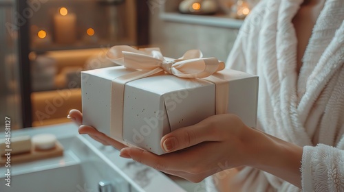 Closeup of hands unboxing a deluxe skincare collection, elegant wrapping, modern bathroom