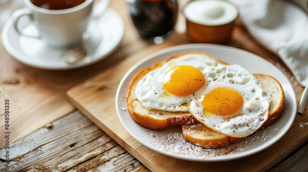 Traditional British breakfast with two eggs cooked sunny side up served on a white plate placed on a wooden table alongside black tea and milk Traditional British breakfast with two eggs cooked sunny side up served on a white plate placed on a wooden table alongside black tea and milk