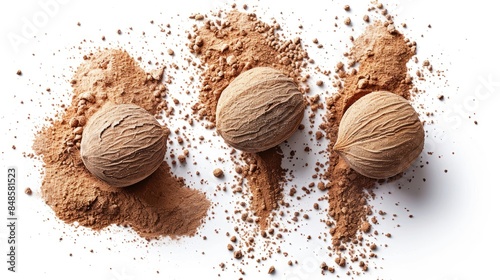 Three nutmeg powders on a white background
