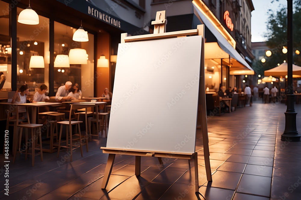White Empty Paper Poster Mockup Displayed Outside a Building Restaurant. Marketing and Business Concept Design White Empty Paper Poster Mockup Displayed Outside a Building Restaurant. Marketing and Business Concept Design