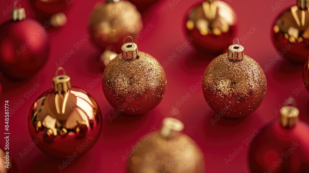 Golden Christmas ornaments against a crimson backdrop Golden Christmas ornaments against a crimson backdrop