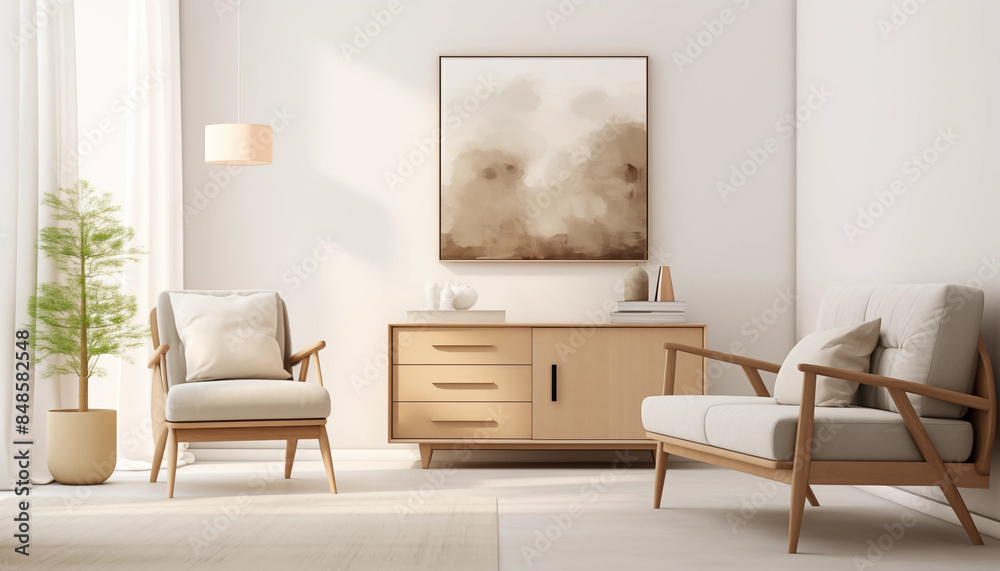 Two wooden armchairs and a wooden cabinet with books and decorations in a bright room with a large painting on the wall behind the cabinet Two wooden armchairs and a wooden cabinet with books and decorations in a bright room with a large painting on the wall behind the cabinet