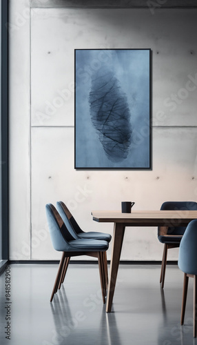 Abstract painting in a modern dining room with blue chairs and a wooden table photo