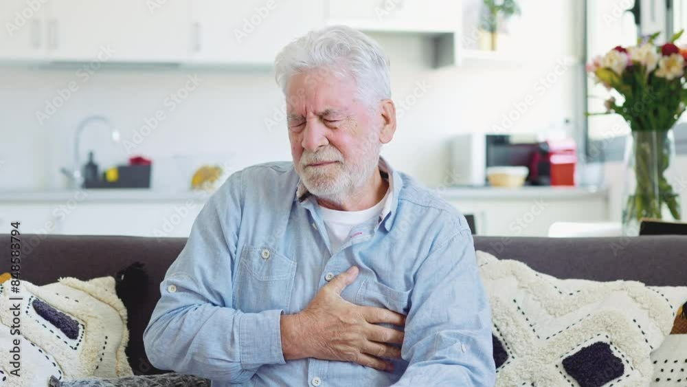 Worried elder senior man feeling bad, upset old middle aged grandfather touching chest feel sudden pain heartburn having heart attack sit on sofa at home
Worried elder senior man feeling bad, upset old middle aged grandfather touching chest feel sudden pain heartburn having heart attack sit on sofa at home
