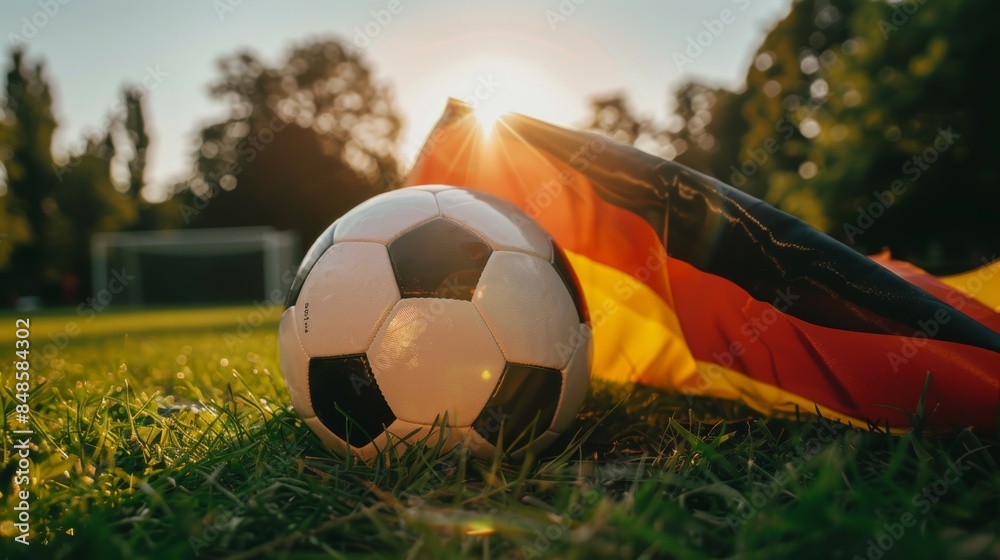 Naklejka premium A close-up shot of a soccer ball resting on a grassy field next to a vibrant German flag with a sunlit background in the early evening