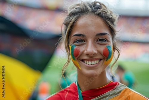 A smiling young woman with colorful face paint at a lively outdoor event, showcasing vibrant energy and enthusiasm in a stadium setting