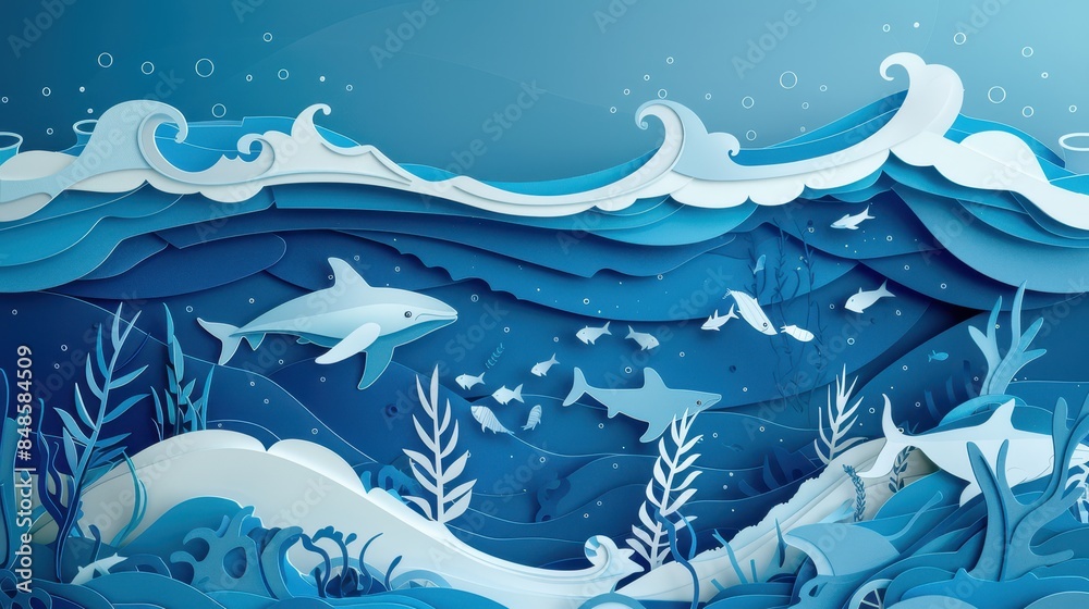 Delicate paper-cut illustration of ocean waves and marine life Delicate paper-cut illustration of ocean waves and marine life