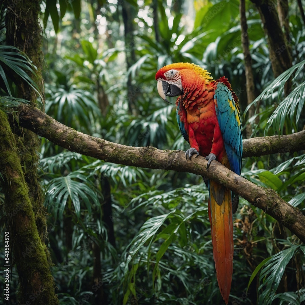 Obraz premium A vibrant macaw perched on a branch in a tropical rainforest.