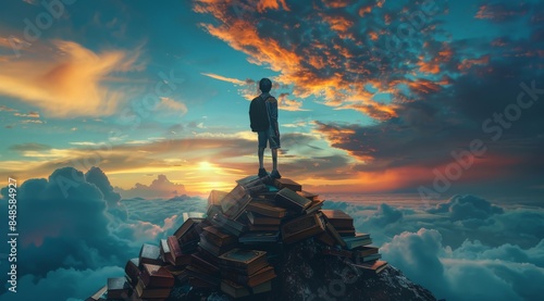 A boy stands on top of a mountain made up of books, with his back to us and wearing school photo