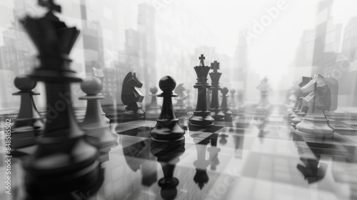 Hazy chessboards filled with an array of black and white pieces.