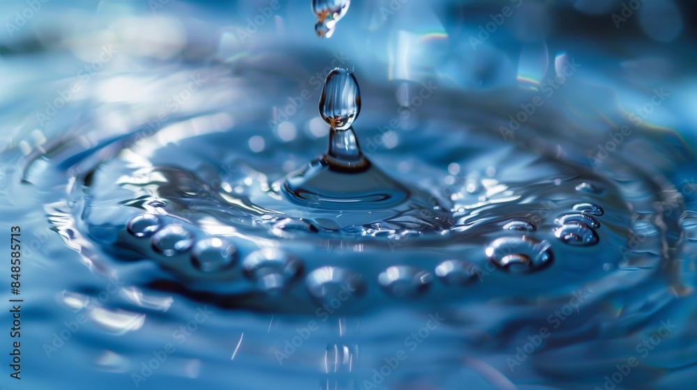 A close-up macro shot capturing a droplet of water falling into a serene body of water, creating ripples and reflections, showcasing the beauty and tranquility of nature in stunning detail