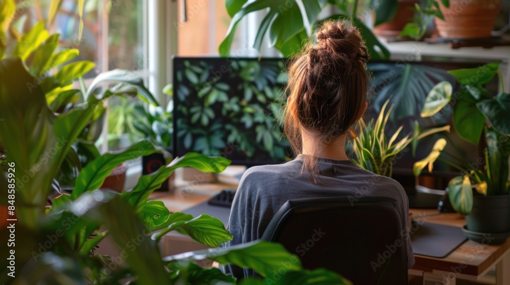 Female graphic designer focused on work at a cozy home office with dual monitors surrounded by green plants Female graphic designer focused on work at a cozy home office with dual monitors surrounded by green plants