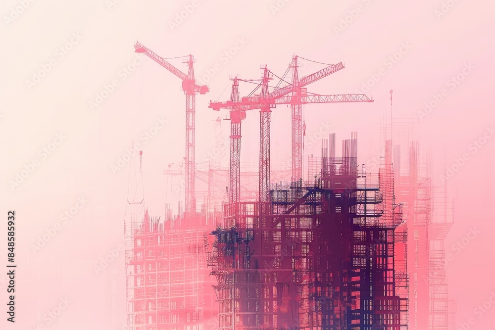 A double exposure illustration of a construction site with tower cranes and modern buildings, with muted pastel tones on the left side and a bright background A double exposure illustration of a construction site with tower cranes and modern buildings, with muted pastel tones on the left side and a bright background