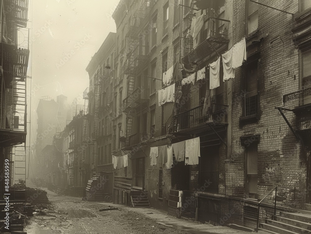 Fototapeta premium Historically evocative alleyway scene showcasing early 20th-century urban living conditions with laundry strung between aged, densely packed buildings