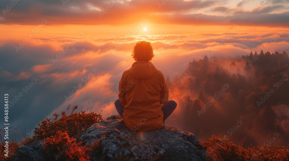 Person in an orange jacket meditating on a rock overlooking clouds and a stunning sunset in a serene mountainous landscape