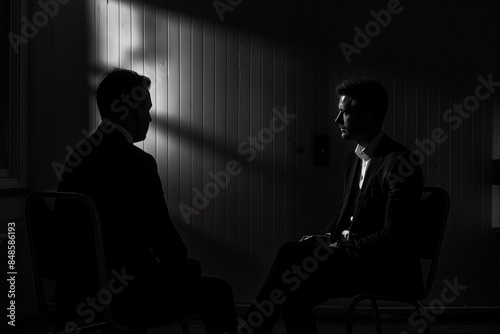 Silhouetted image of two men in a dark room having a serious conversation. Emphasizes secrecy and intense discussion.