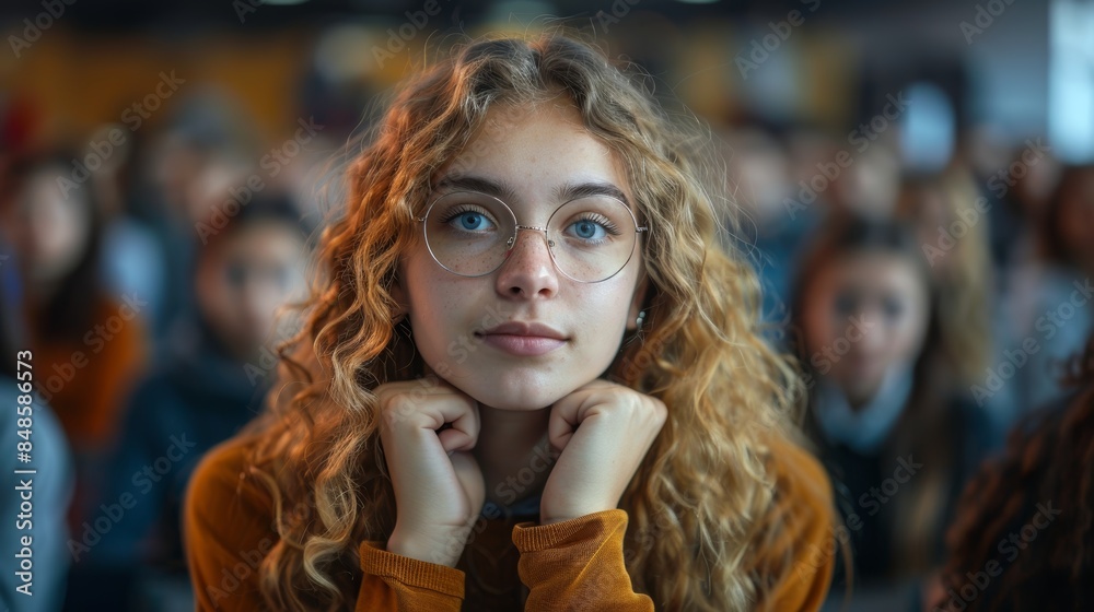 Fototapeta premium Young woman with curly blonde hair and glasses attentively focused in a classroom setting filled with blurred students in the background
