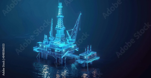 Wireframe Oil Rig in a Digital Sea