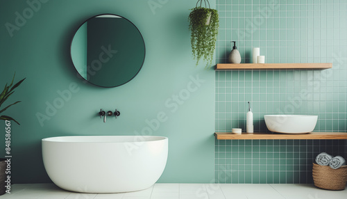 Freestanding bathtub in a green tiled bathroom with a round mirror and wooden shelves