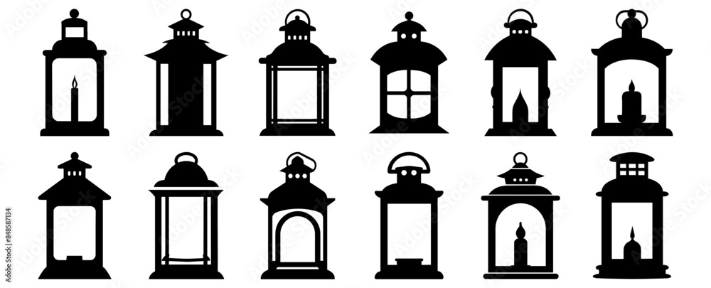 Lantern silhouettes set, pack of vector silhouette design, isolated background Lantern silhouettes set, pack of vector silhouette design, isolated background