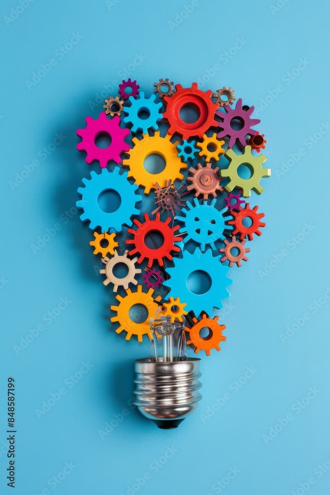 A light bulb made of colorful gears on a blue background, in a flat lay top view, in the style of a copy space concept for business ideas and creative thinking A light bulb made of colorful gears on a blue background, in a flat lay top view, in the style of a copy space concept for business ideas and creative thinking