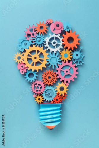 A light bulb made of colorful gears on a blue background, in a flat lay top view, in the style of a copy space concept for business ideas and creative thinking