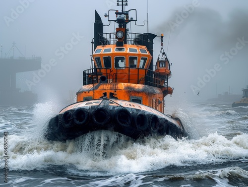 A bright orange tugboat navigates rough and choppy waters on a foggy day, with its powerful presence creating splashes and waves while moving forward with determination